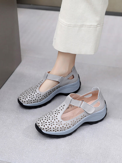 Summer Solid Leather Cutout Platform Shoes