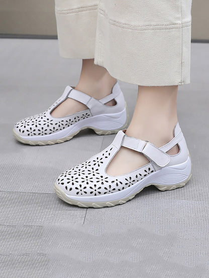 Summer Solid Leather Cutout Platform Shoes