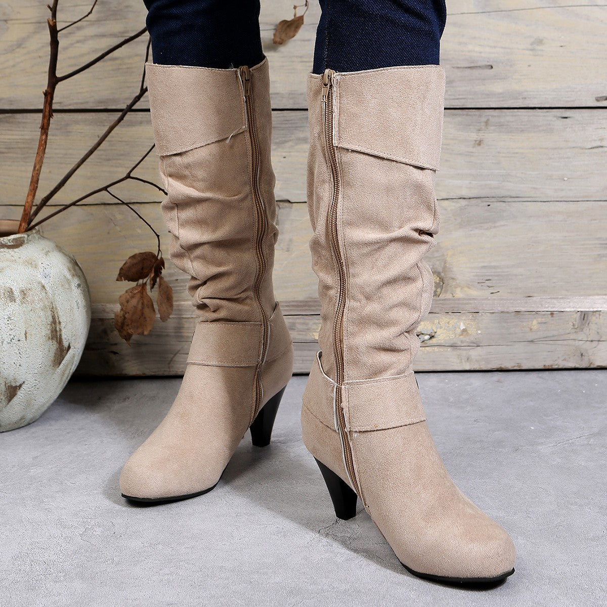 Women’s High Heel Belt Buckle Mid-Calf Boots