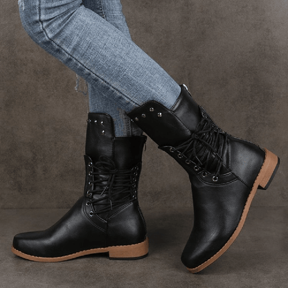 Plus Size Women Retro Rivet Cross Strap Back Zipper Mid Calf Boots - MRSLM