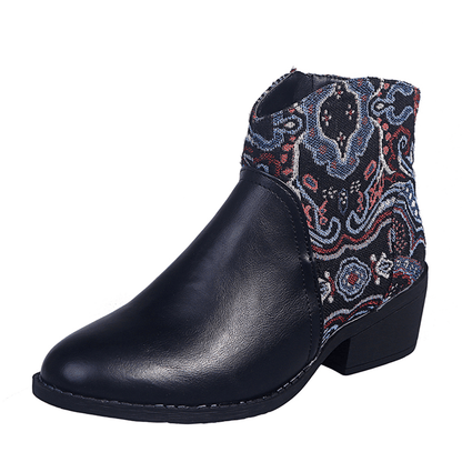 LOSTISY Retro Flower Cloth Stitching Comfy Wearable Side Zipper Block Heel Ankle Boots - MRSLM