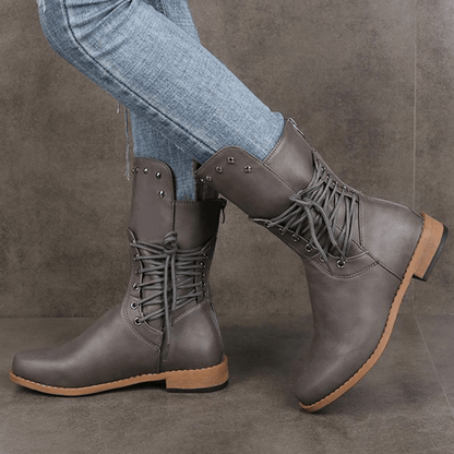 Plus Size Women Retro Rivet Cross Strap Back Zipper Mid Calf Boots - MRSLM