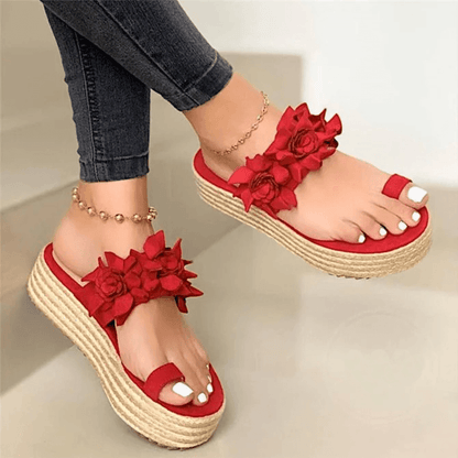 Women Espadrilles Flower Decoration Toe Ring Casual Beach Platform Sandals - MRSLM