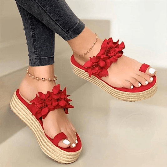 Women Espadrilles Flower Decoration Toe Ring Casual Beach Platform Sandals - MRSLM