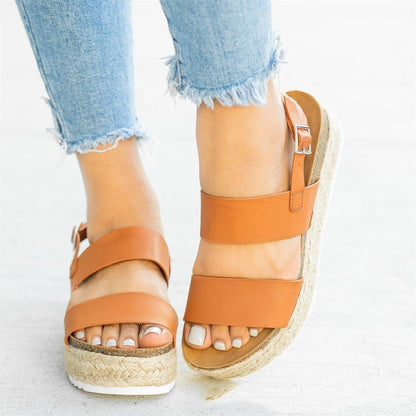 Open-toe flat hemp mid-heel rubber buckle sandals - Trendha