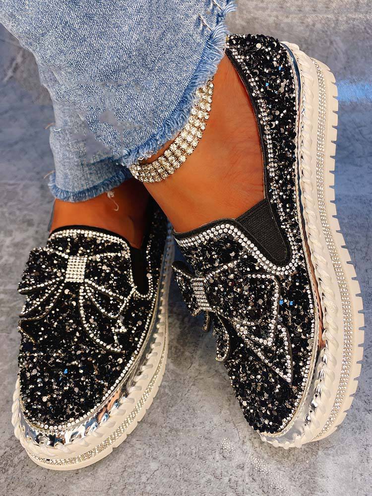 Bowknot Rhinestone Loafers Shoes - ECHOINE