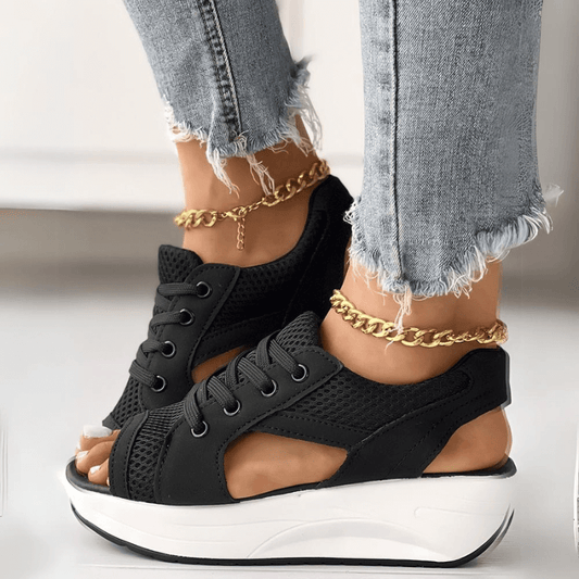 Summer Contrast Paneled Cutout Lace-up Muffin Sandals