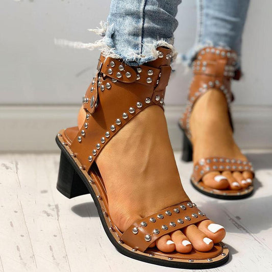 Open Toe Rivet Chunky Heeled Sandals For Women Oshnow