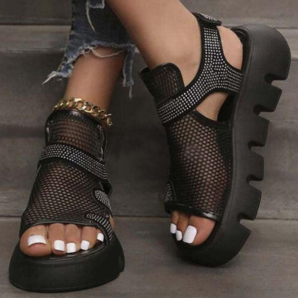 Rhinestone Hollow-Out Velcro Solid Color Platform Sandals Oshnow