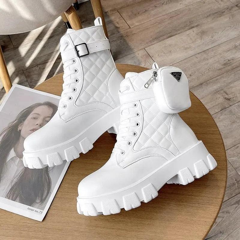 Punk Ankle Platform Motorcycle Boots Women Lace Up Chunky Heel Belt Buckle Pocket Shoes - www.eufashionbags.com