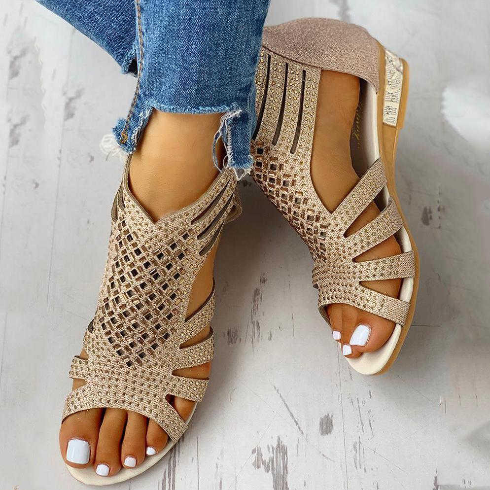 Studded Hollow Out Flat Sandals Oshnow