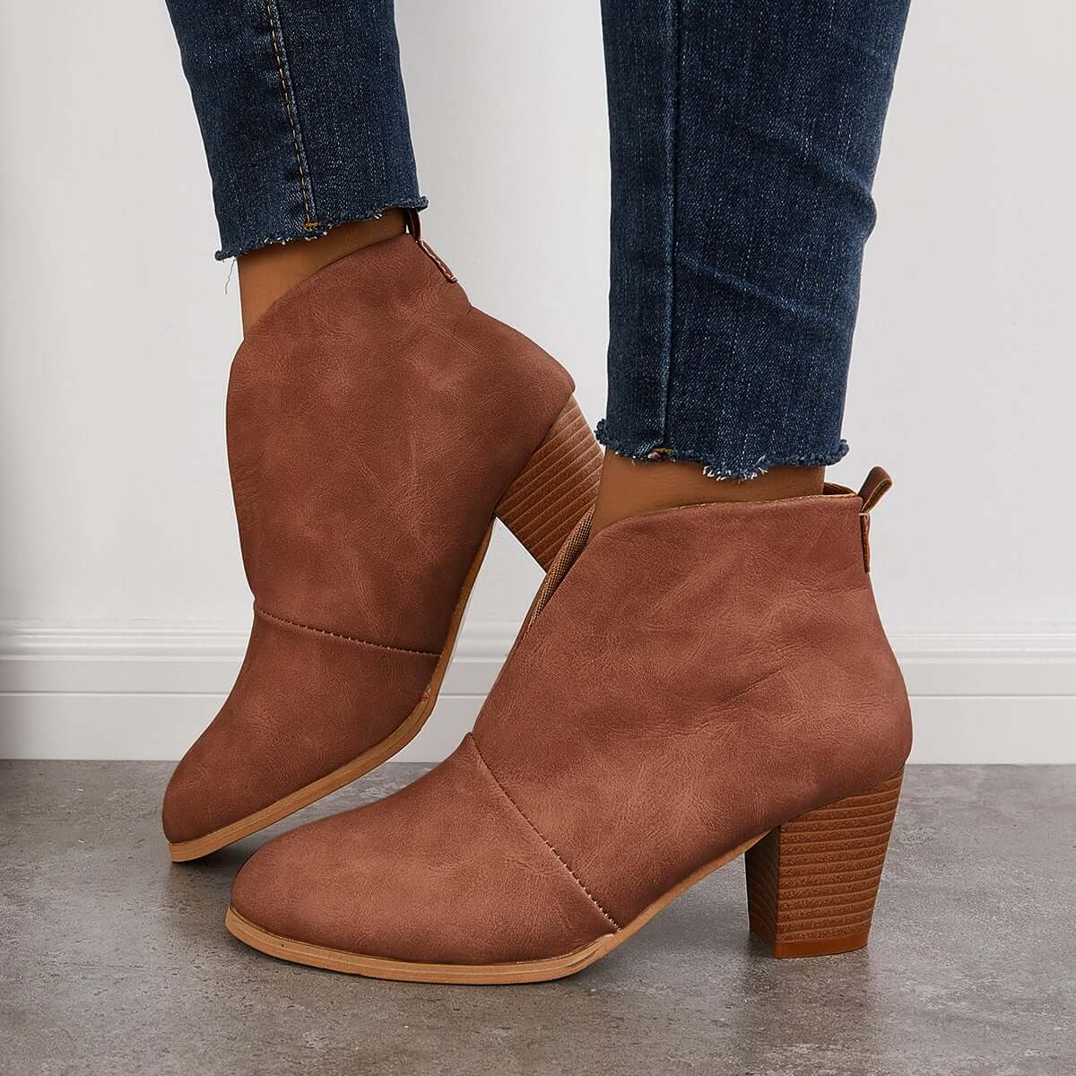 Suisecloths Retro Western V Cut Ankle Boots Slip On Chunky Stacked Heel Booties Oshnow