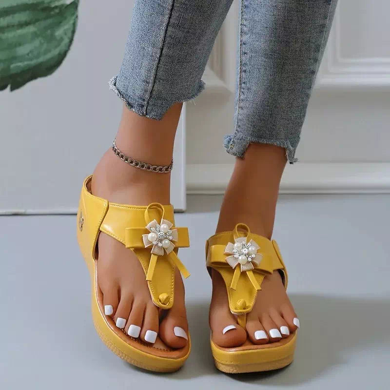 Flower Pearl Wedge Flip Flops Sandals