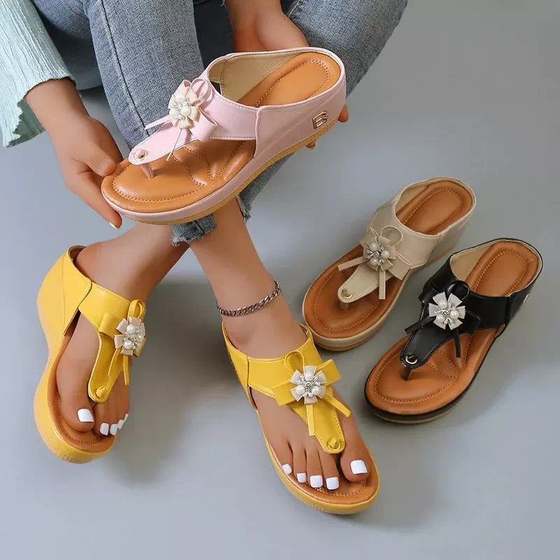 Flower Pearl Wedge Flip Flops Sandals