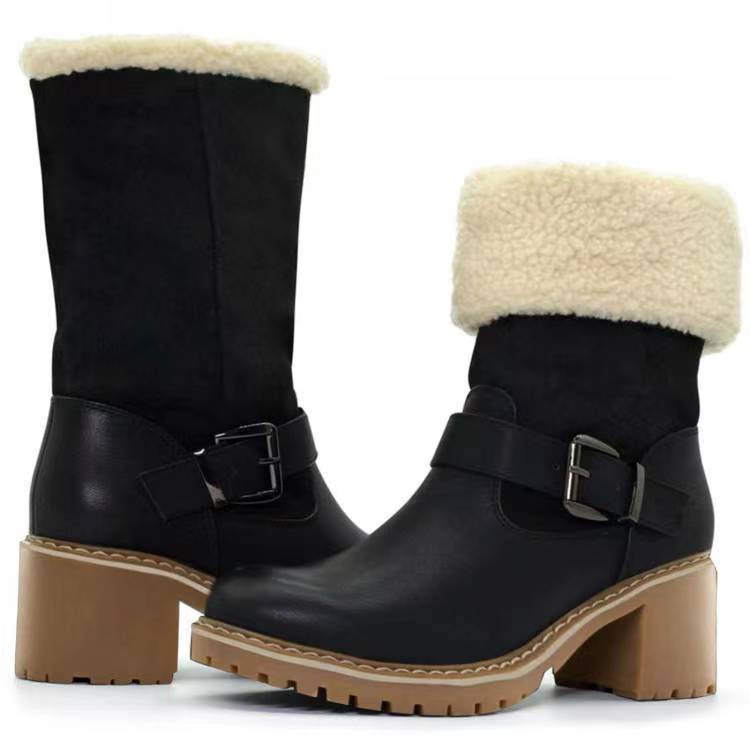 Women’s Plush Slip-On Mid-Calf Boots with Chunky Heel and Buckle