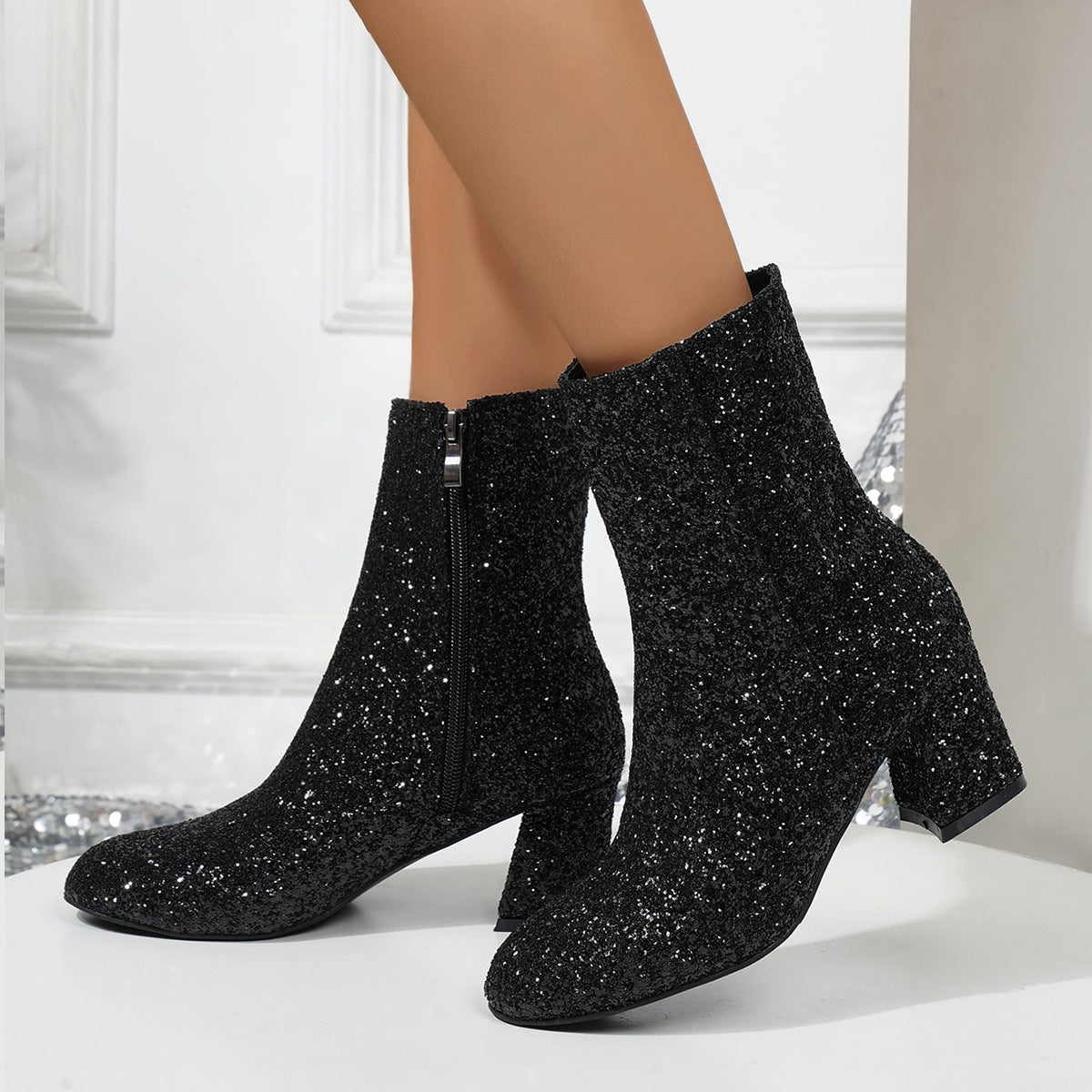 Bottes à paillettes pour femmes, à haut talon, à paillettes et à gros talons