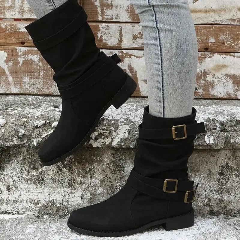 Low Heel Vintage Adjustable Buckle Boots Women Combat Biker-Grey-2