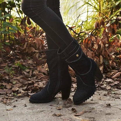 Plus Size High Heel Denim Mid Tube Women Boots-Black-4