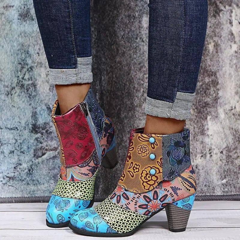 Print Ankle Boots Chunky Mid Heel Boots Women Side Zipper-Dark brown-7