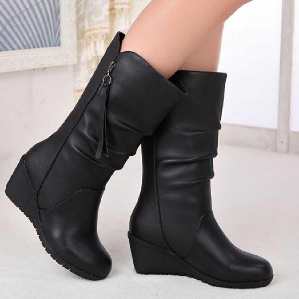 Black Mid Calf Boots for Women Wedges Heel Warm Zipper Boots - fashionshoeshouse